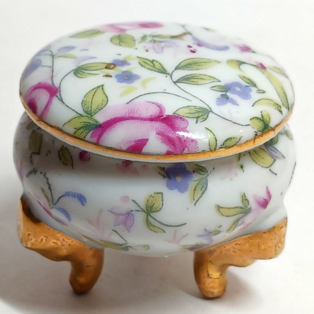 Royal Crown Three Footed Porcelain Trinket Box Numbered Japan Floral Gold B-141